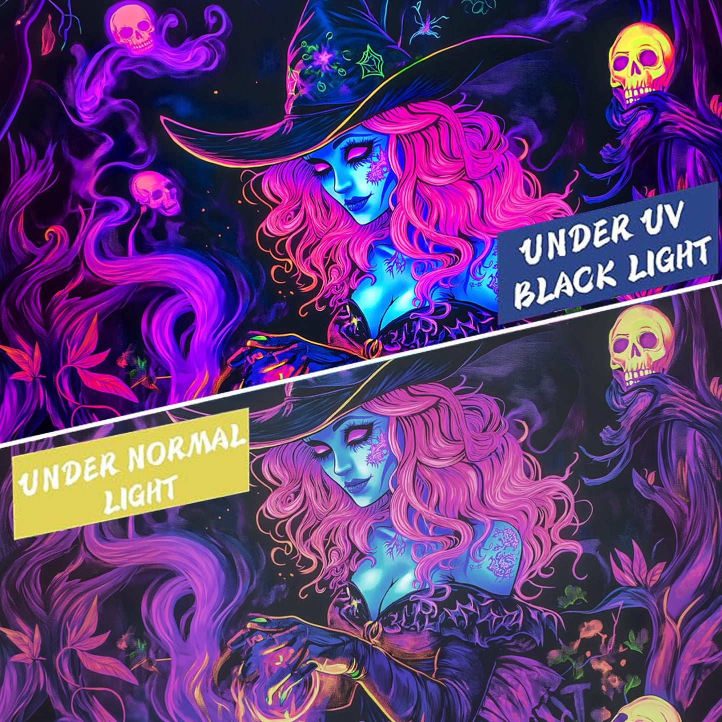 BSFHH Black Light Tapestry – UV Reactive Glow in the Dark Wall Hanging, Spooky Night Scene with Ghosts & Pumpkins, Haunting Home Decor for Parties, Bedroom, or Dorm (Witches, 79L x 59W, Unframed)