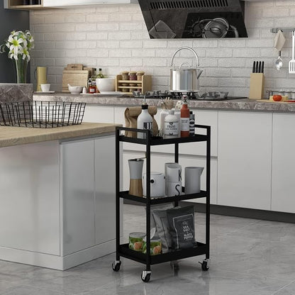 3-Tier Metal Utility Rolling Cart, Heavy Duty Multifunction Rectangular Cart with Lockable Casters, Easy to Assemble, Suitable for Office, Bathroom, Kitchen - Black