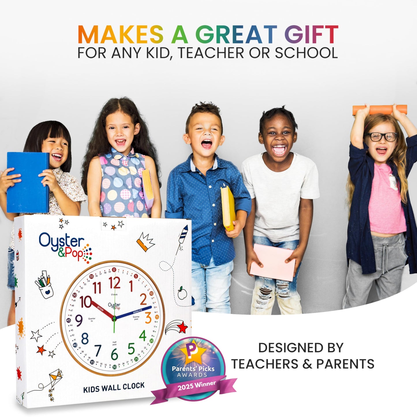 Oyster&Pop Kids Clock - Silent 10" Analog Clock, Learning Wall Clocks - Award-Winning Telling Time Teaching Clock for Kids - Bedrooms Homeschool & Classrooms - Includes eBook