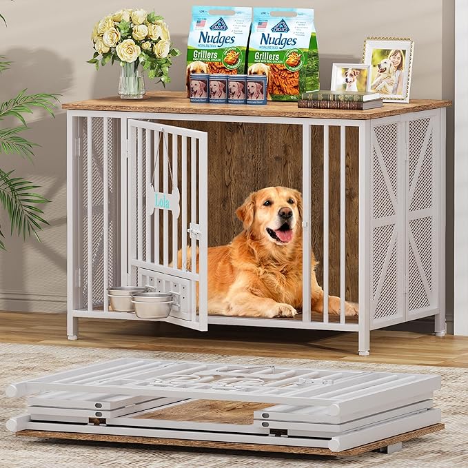 Easycom Foldable Large Dog Crate Furniture, 41.3" Assembly-Free Dog Crates