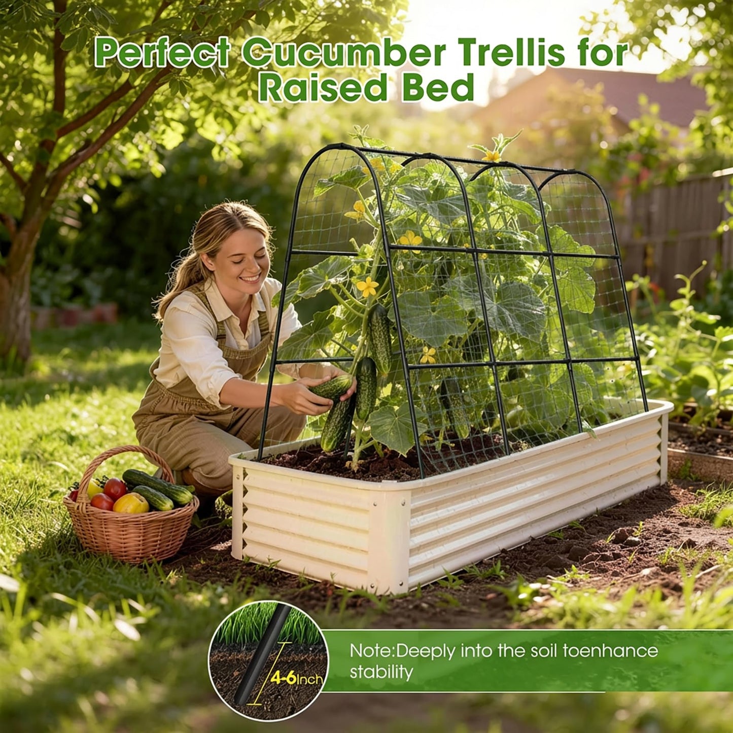 MQHUAYU Cucumber Trellis for Raised Bed,U-Shape Garden Trellis for Climbing Plants Outdoor, Metal Arch Vegetables Trellis, Plant Support for Vine (Black, 47.2" Lx21.6 WX47.2 H-Medium)