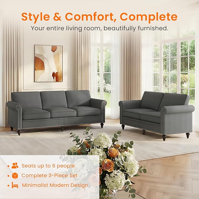 Living Room Sofa Sets 2 Piece, Modern 3 Seater Sofa and Loveseat Couch Sets