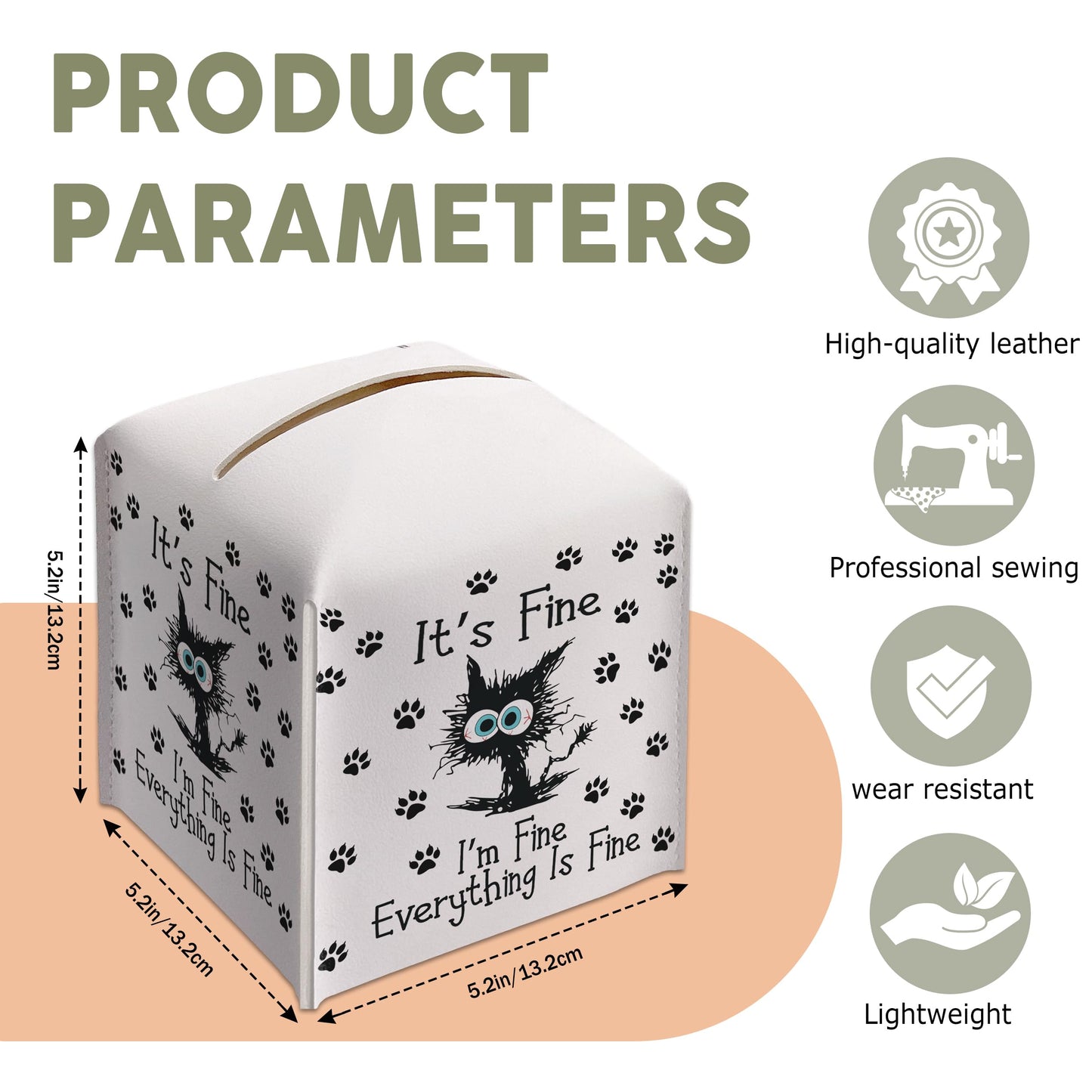 Little Cat Tissue Box Cover Square, Leather Tissue Box Cover Holder with Belt Bottom, Inspirational Quote Gift Ideas for Friends, It's Fine Desk Decor for Bathroom Office-(5.2 Inches) A31