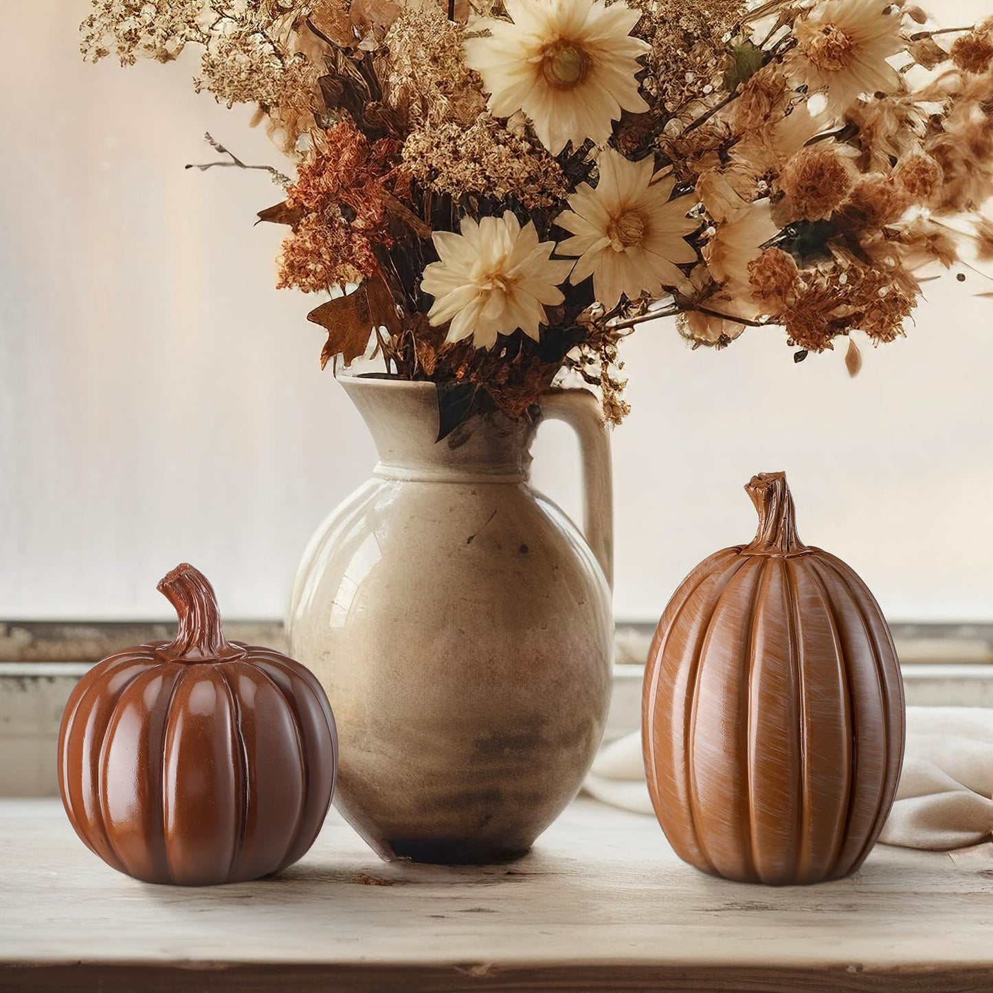 Vicenpal 2Pcs Fall Pumpkin Decor Set Artificial Resin Pumpkin Fall Artificial Fake Pumpkins Decor for Autumn Halloween Thanksgiving Tabletop Farmhouse Mantel Decoration (Shiny Brown,Fashionable Style)
