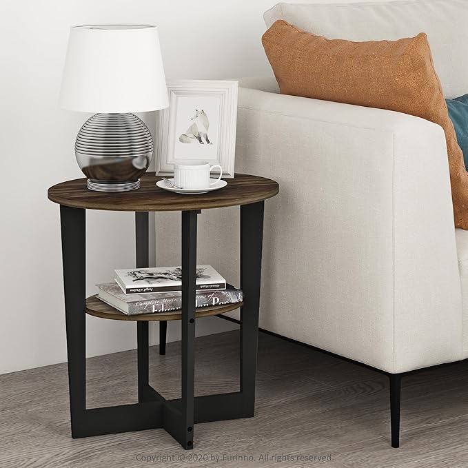 Furinno JAYA Side Table Set of 2, 2-Tier Round Modern End Table