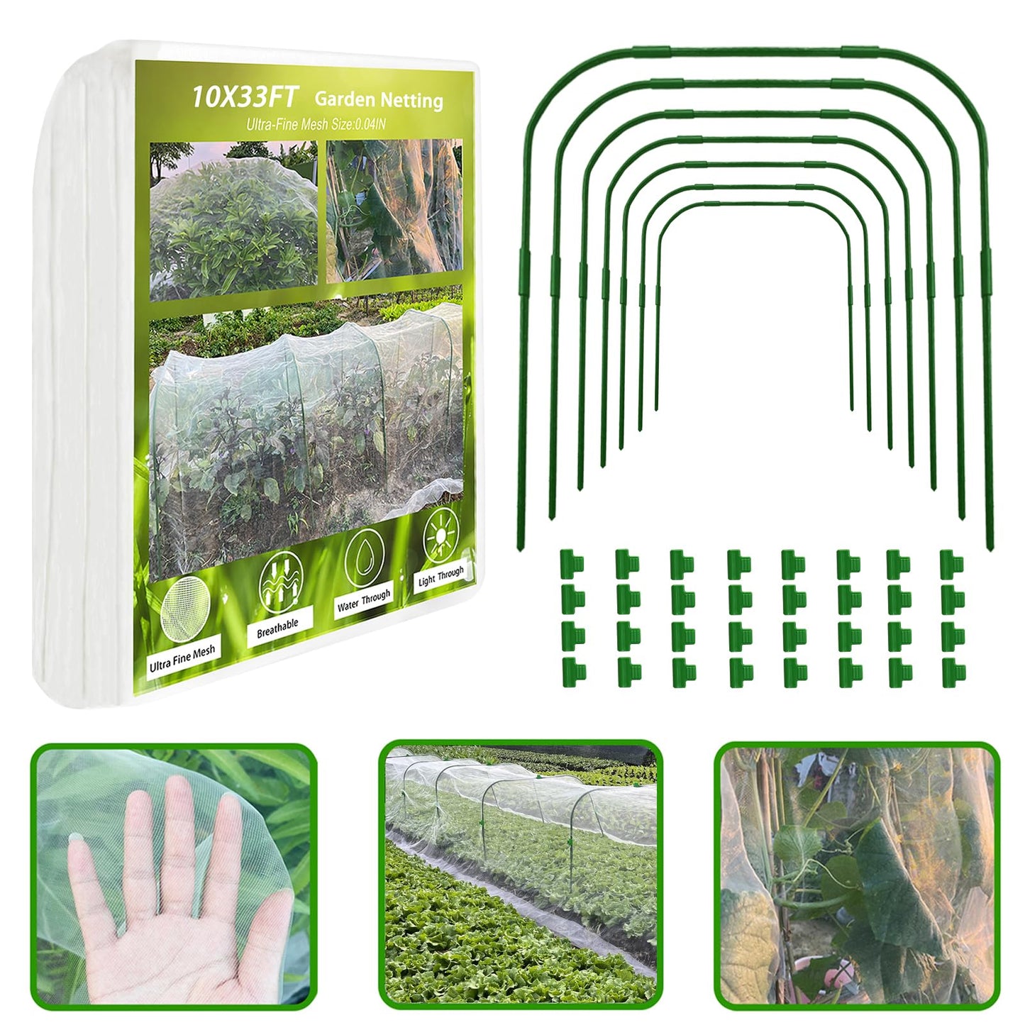 Garden Netting Kit, 8PCS Garden Hoops and 10x33FT Garden Mesh for Raised Beds, Ultra Fine Plant Net for Vegetable Fruits Crops Row Cover Barrier Protection Net for Animals