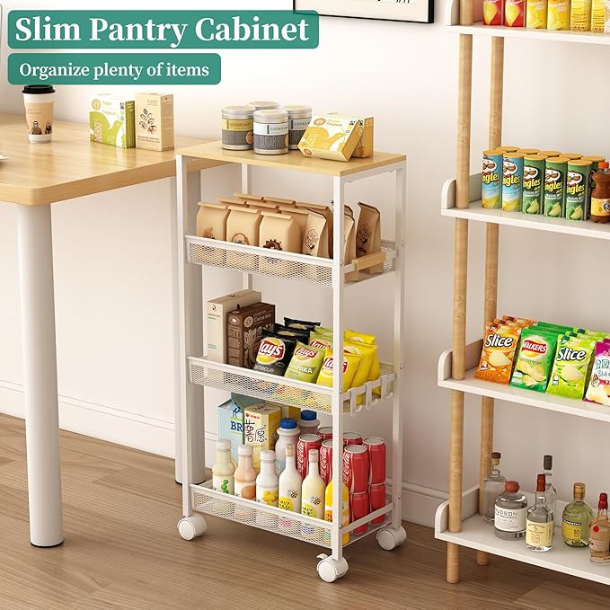Utility Slim Storage Cart, 4 Tier Rolling Cart with Wheels, Laundry Shelves with Wood Top, Narrow Cabinet for Bathroom Organization, Small Organizer for Kitchen, Office and Dorm (White, 9.1'')