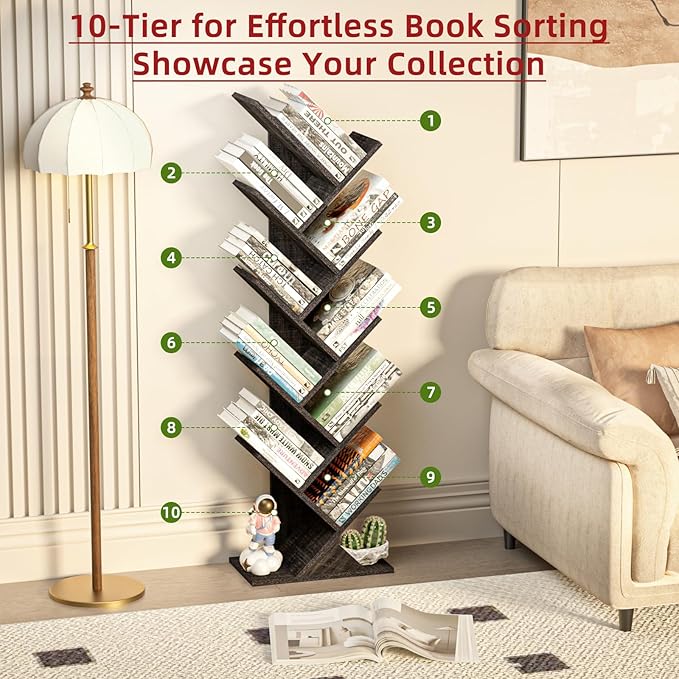 SHEEPAM 10 Tier Tree Book Shelf, Floor Standing Wood Bookshelf