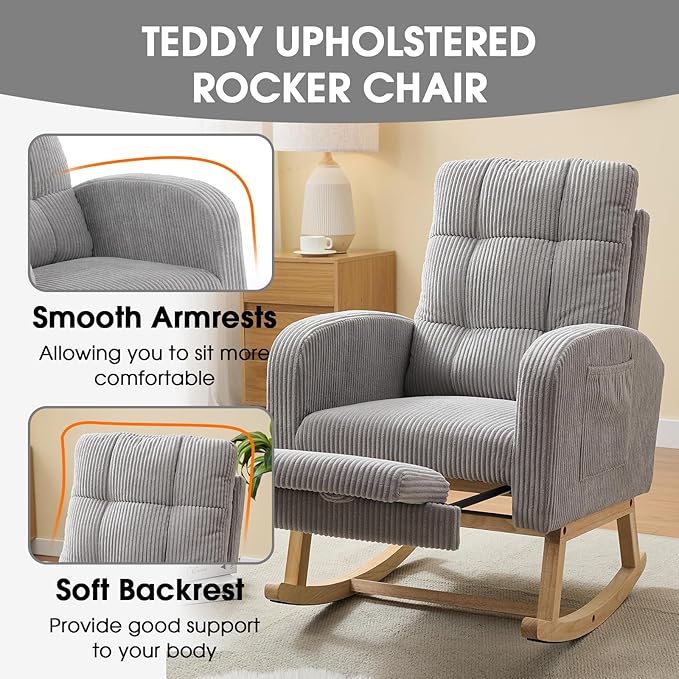 NIOIIKIT Nursery Rocking Chair, Corduroy Upholstered Rocking Chair