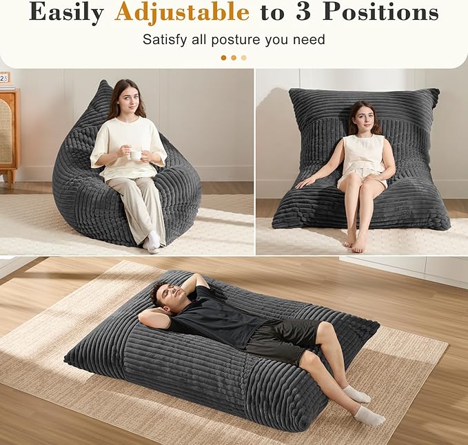 3-in-1 Giant Bean Bag Chair for Adults & Kids, Convertible Floor Sofa to