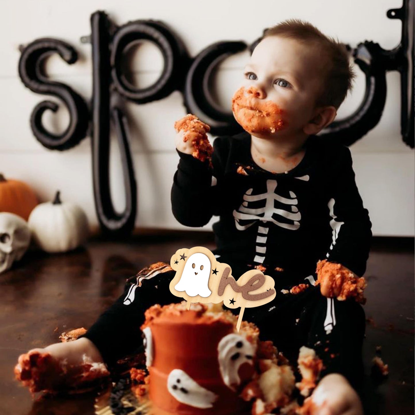 Vgaruint Wooden Spooky One Cake Topper - Halloween 1st Birthday Party Decorations,The Spooky One Birthday Decor, Ghost Cake Smash Photo Props