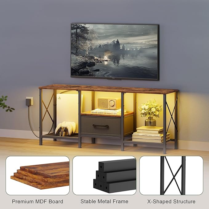 JARHETUN LED TV Stand with Fabric Drawer, Entertainment Center