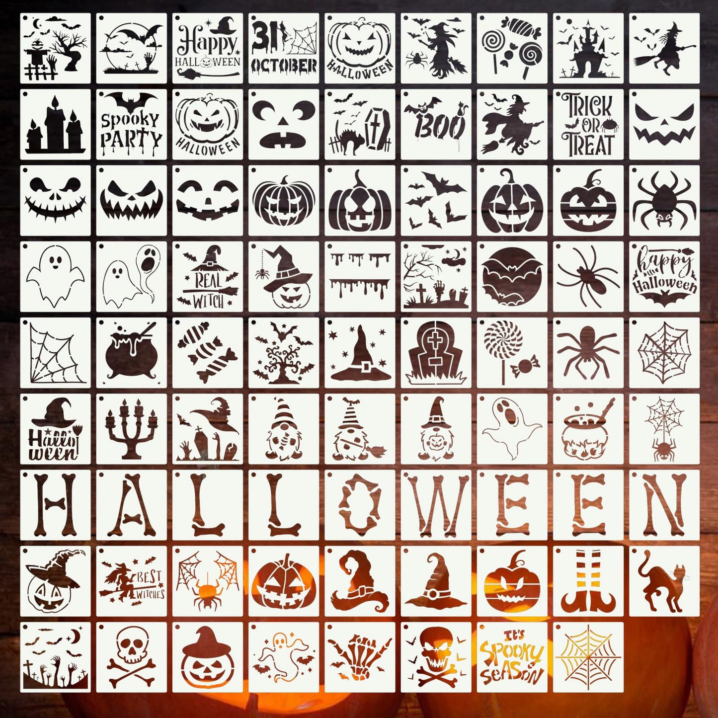 DZXCYZ 80 Pcs 3 x 3 Inch Halloween Stencils for Painting on Wood, Reusable Happy Pumpkin Spider Web Stencil DIY Ornaments Ghost Paint Template Set for Wall Door Home Decor