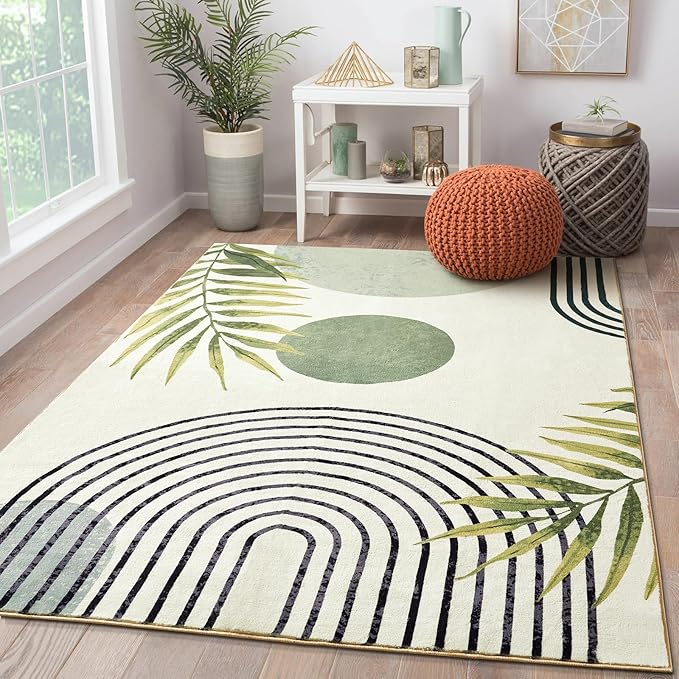 RoomTalks Mid Century Modern Washable Rug Stain Resistant, Boho Cute Aesthetic