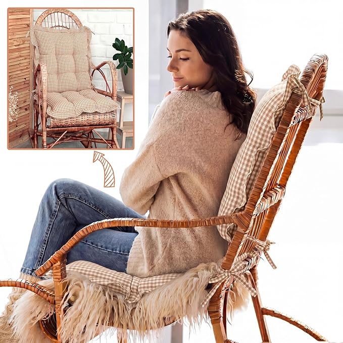 Lewtemi 2 Set Brown Gingham Rocking Chair Cushion Village Ruffled Rocking Chair