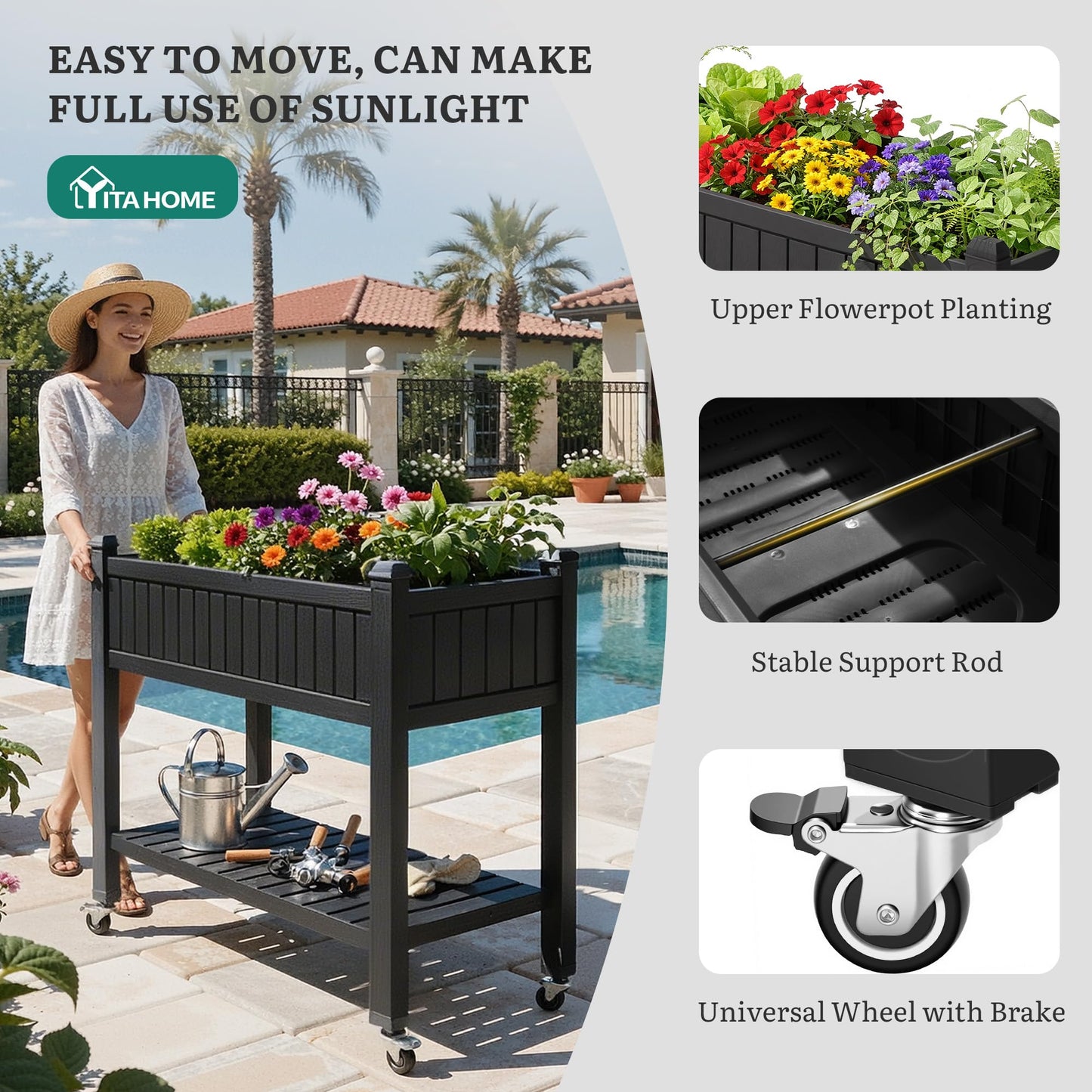 YITAHOME 42.5x17.3x35.4 in Raised Garden Bed, Outdoor Plastic Planter Box with Wheels, Legs, Drain Plug, and Storage Shelf for Plants, Vegetables, Flowers, Herbs, Black