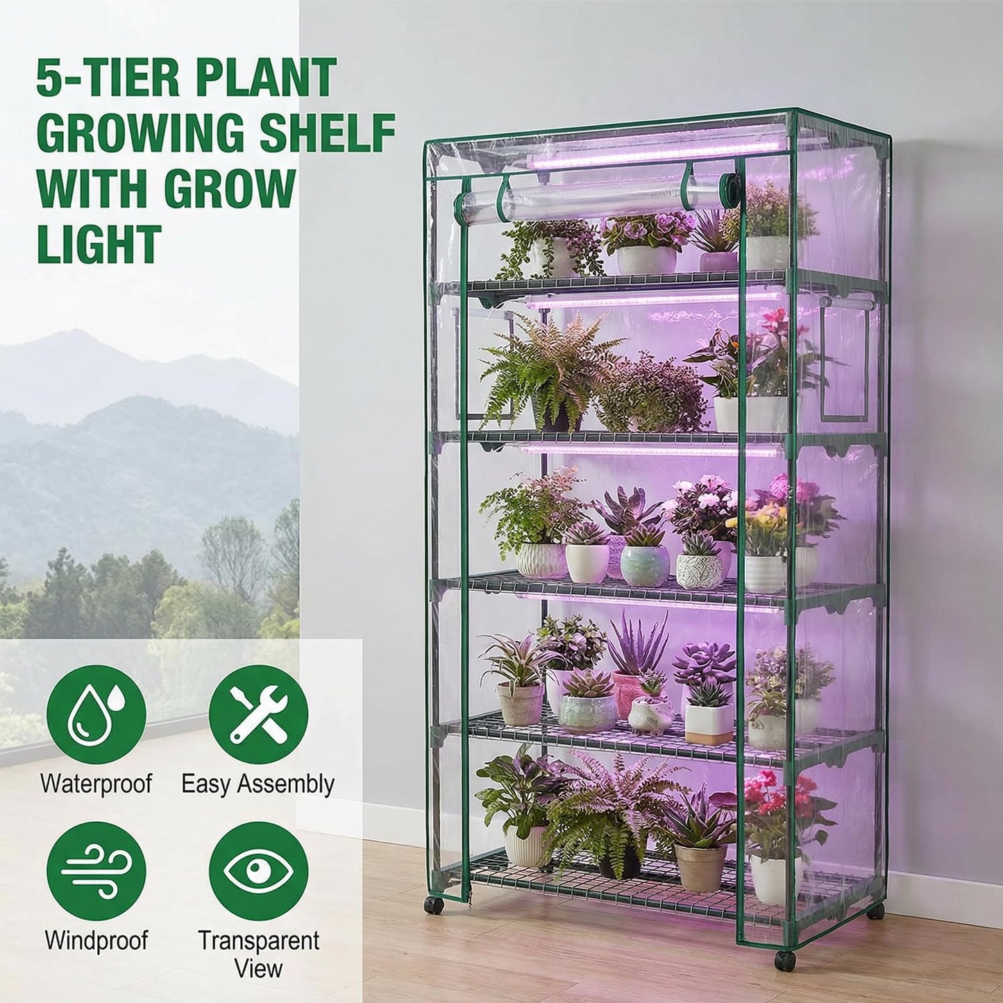 Indoor Greenhouse with Grow Lights & Wheels, 5 Tier Wire Shelf PVC Tent Portable Mini Green House Cabinet Kit for Plant Seed Starting Mushroom Grow (Upgraded)