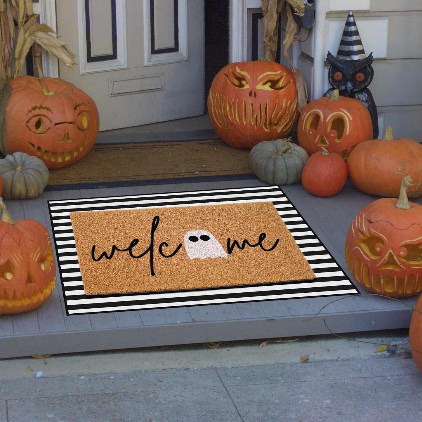 JarThenaAMCS 2Pcs Halloween Door Mat Combo Set 16.5" x 29" Cute Ghost Imitation Coir Welcome Doormat with 23.6" x 35.4" Black White Stripe Rug for Indoor Outdoor Home Bathroom Decor