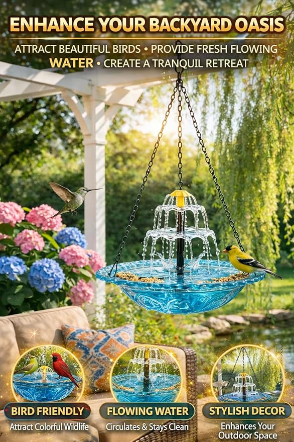 Solar Cascade Hanging Bird Bath Fountain, 2026 New Outdoor Hanging Bird Bath with Solar Fountain, Large Humming Birds Baths Fountains, with Solars Pump & Glass Bowl, for Outdoor, Gardens (#1)