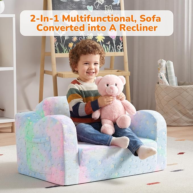 MeMoreCool Glowing Pastel Rainbow Kids Chair, 2-in-1 Foldable Kids Couch and