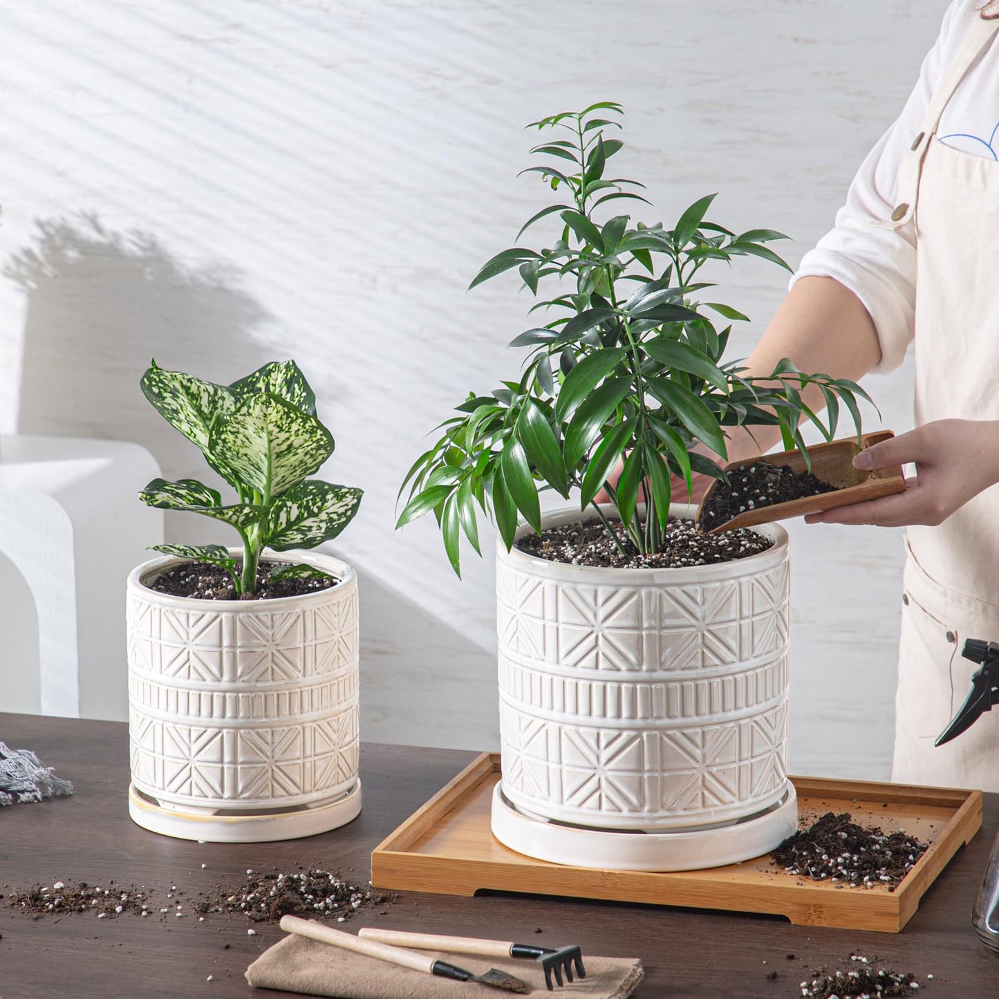POITONRU Ceramic Plant Pots Indoor-Outdoor: 6 Inch Embossed Planters with Drainage Hole & Saucer - Modern Decorative Flower Pots for Home Garden Patio Office Decor
