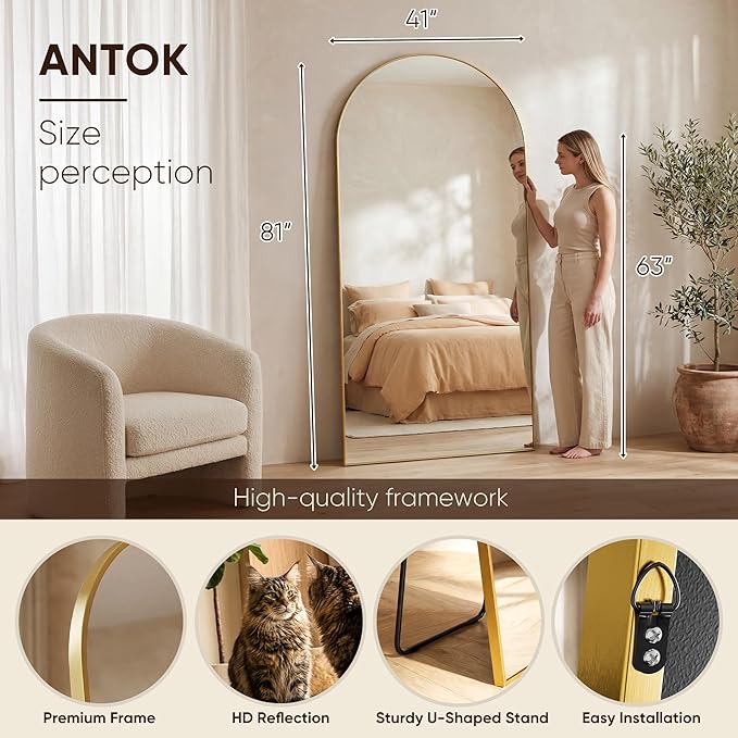 Antok 81" x41” Arched Full Length Floor Mirror, Free Standing/Wall Mount/Leaning