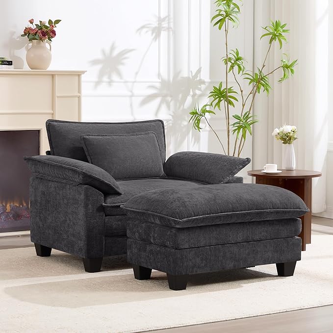 Oversized Accent Chair with Ottoman, Upholstered Armchair with Extra Thick