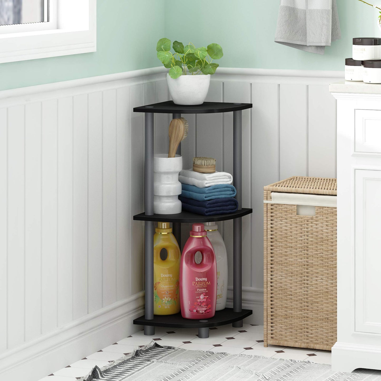 Furinno TURN-N-TUBE Corner Shelf, 3-Tier Corner Bookshelf, Display Storage Shelves with Open Shelves, for Organization and Storage, Living Room, Home Office, Garage, Black