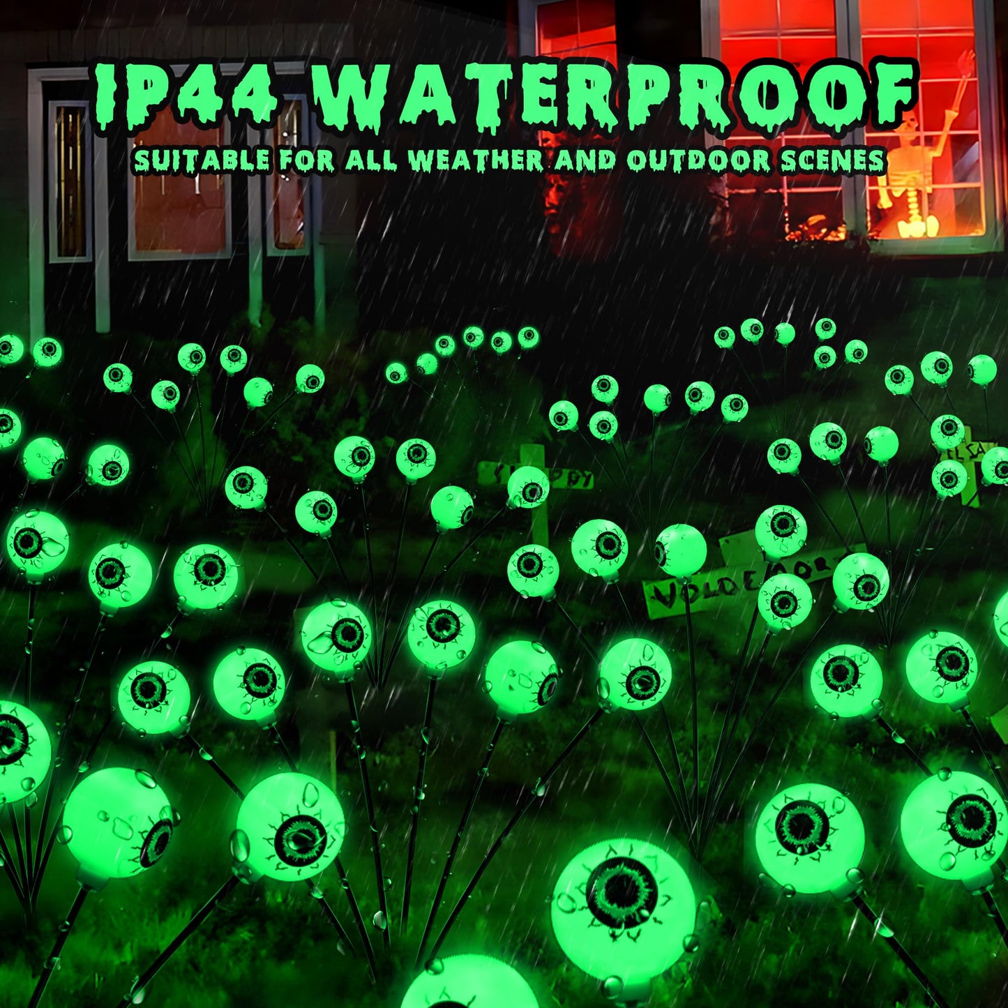 BrizLabs 4 Pack 24 LED Halloween Solar Lights, 2 Modes Outdoor Halloween Eyeball Pathway Lights, Solar Spooky Walkway Light Waterproof, Green Swaying Firefly Lighting for Path Yard Garden Lawn
