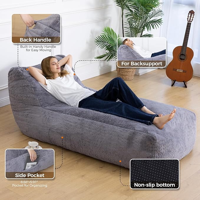 Giant Bean Bag Chair for Adults, Big Faux Fur Plush Bean Bag Lounger, Large