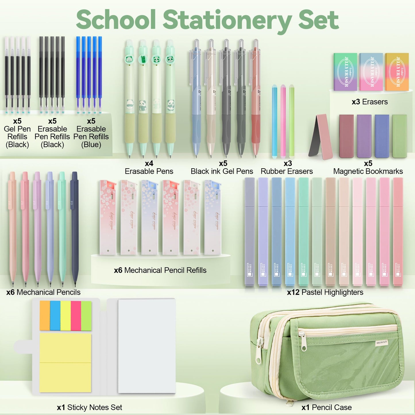 DazSpirit 61 PCS Aesthetic School Supplies with Cute Pencil Case, Pastel No Bleed Highlighters, Gel & Erasable Pens, Mechanical Pencils, Refills, Complete Essentials Stationery Kit for Students, Green
