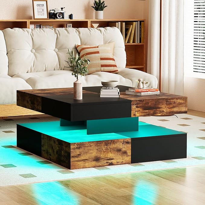 HedoAjim LED Coffee Table for Living Room, Living Room Table 2-Tier Square