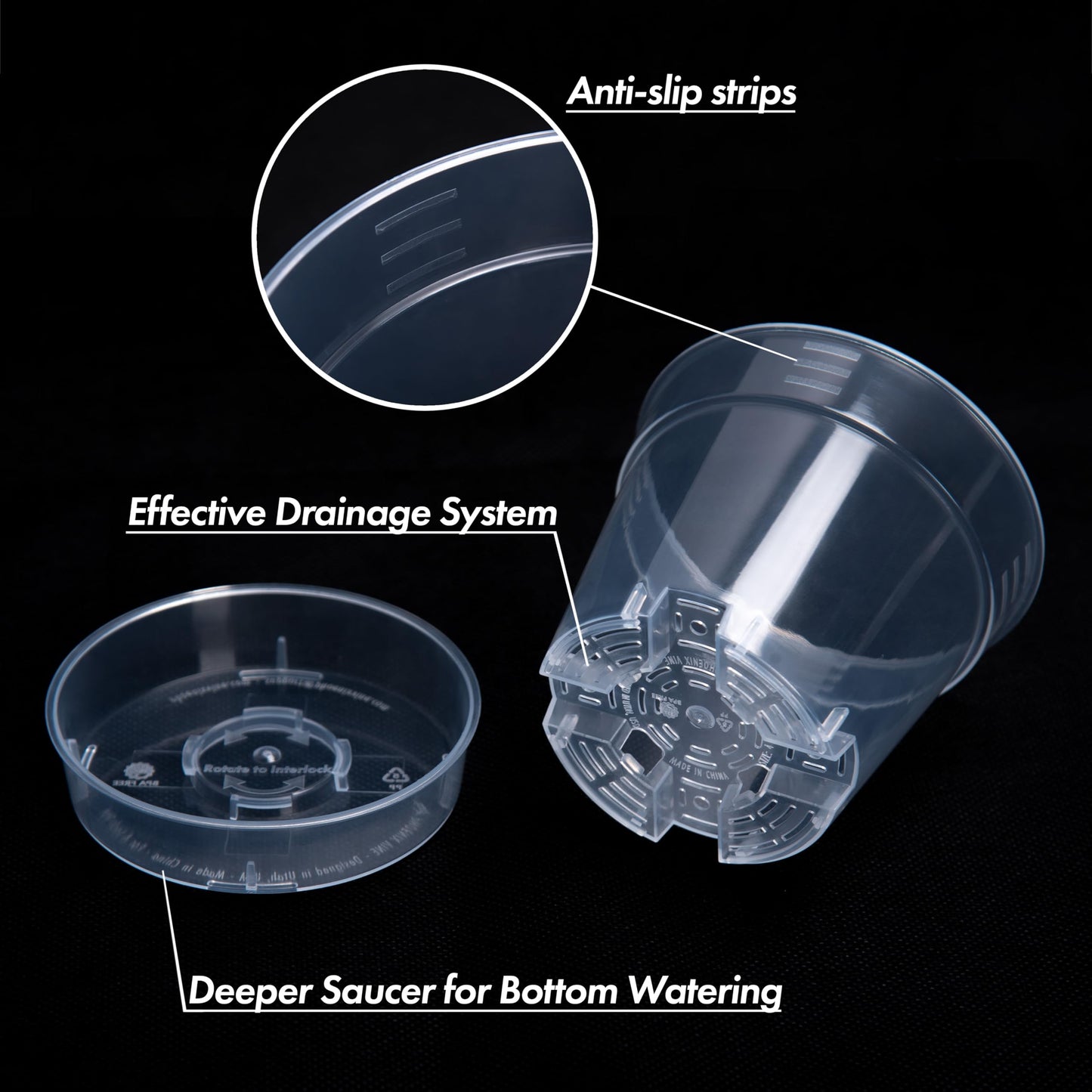 4 Inch Clear Plastic Plant Pot with Drainage Holes, Interlocking & Detachable Tray - Deep Saucer - Durable BPA-Free Plastic, Transparent Design, Raised Base for Airflow, Set of 6, 92-X-A-2