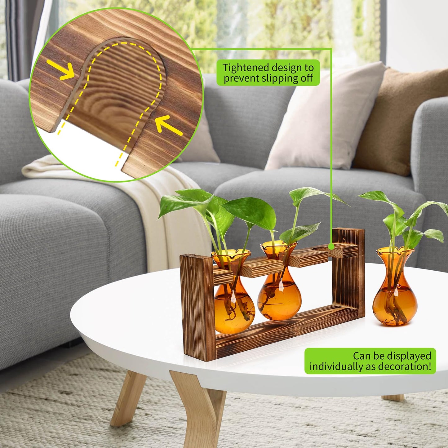 Plant Propagation Station Plant Terrarium Unique Birthday Gifts for Women Home Office Decor Planter with Wooden Stand - 3 Bulb Glass Vase