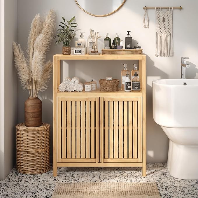 Bamboo Storage Cabinet Bathroom Floor Cabinet Side Storage Organizer Cabinet
