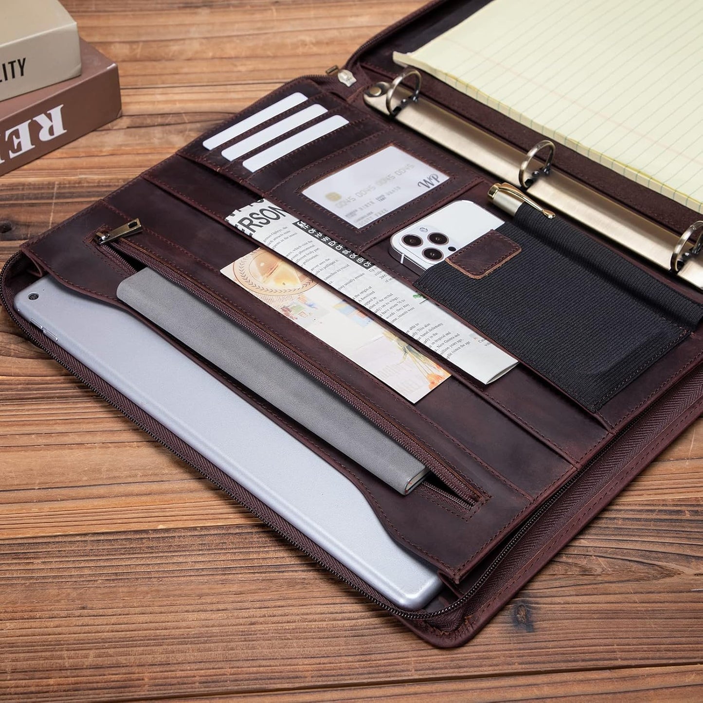 Genuine Leather Portfolio with 3 Ring Binder, Full Grain Leather Padfolio Zippered, A4 Notebook Holder Laptop Sleeve Professional Folder Organizer Gift for Men and Women, Dark Brown