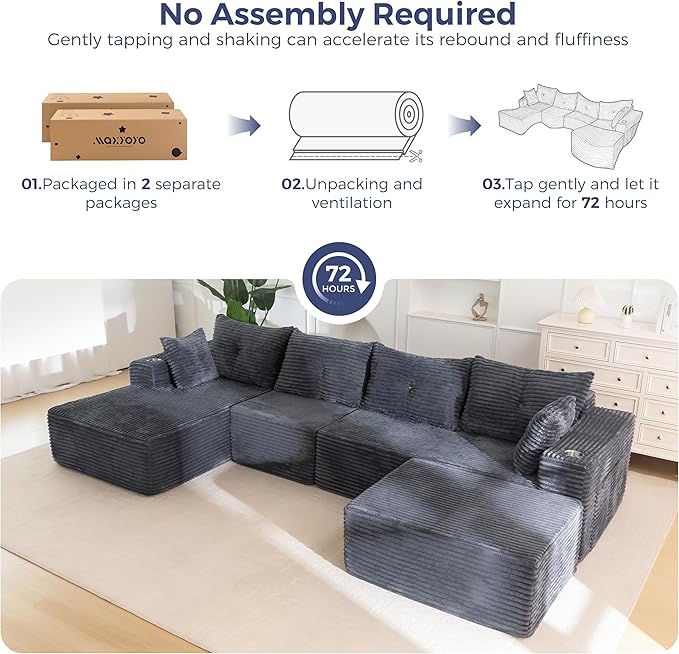 MAXYOYO 132" Giant U-Shaped Modular Sectional Couch, Modern Boneless Couch