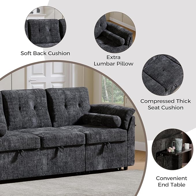 Convertible Sleeper Sofa Bed, 63 Inch Chenille Pull Out Couch
