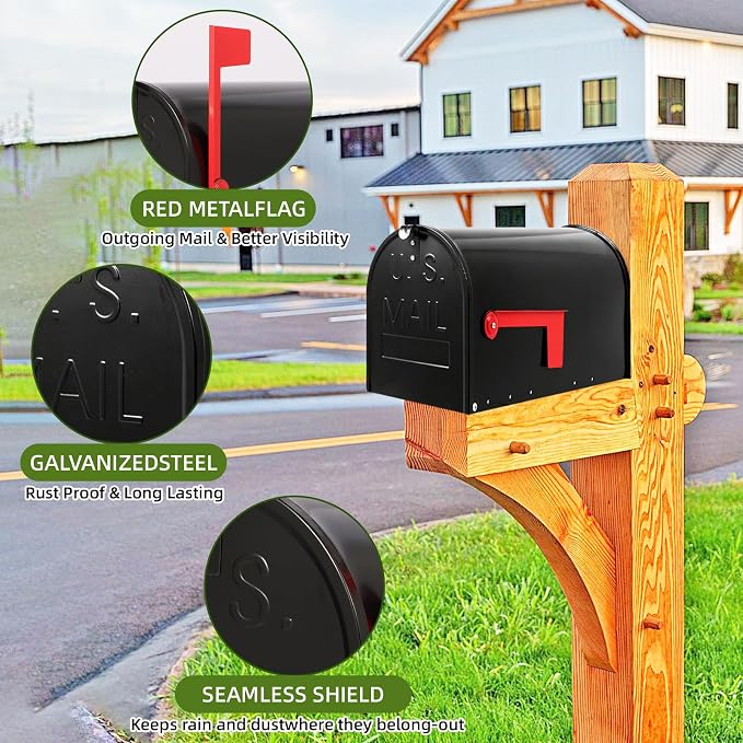 Mirok Large Mailboxes for Outside Post Mount, Black Galvanized Steel Heavy Duty Metal Mailbox, Rust-Resistant Large Capacity Mail Boxes for House Outside, 22 x 10.7 x 8.9 Inches