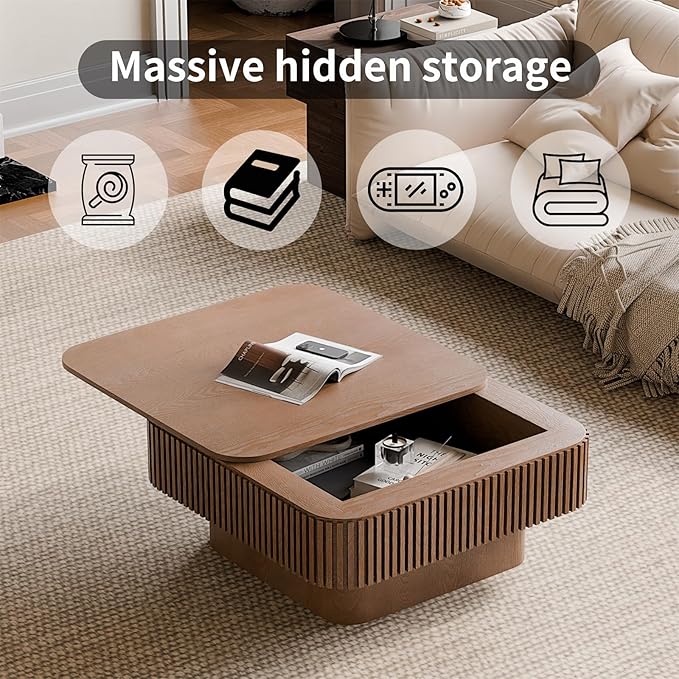 Square Coffee Table for Living Room, Fluted Drum Accent Tea Center Table