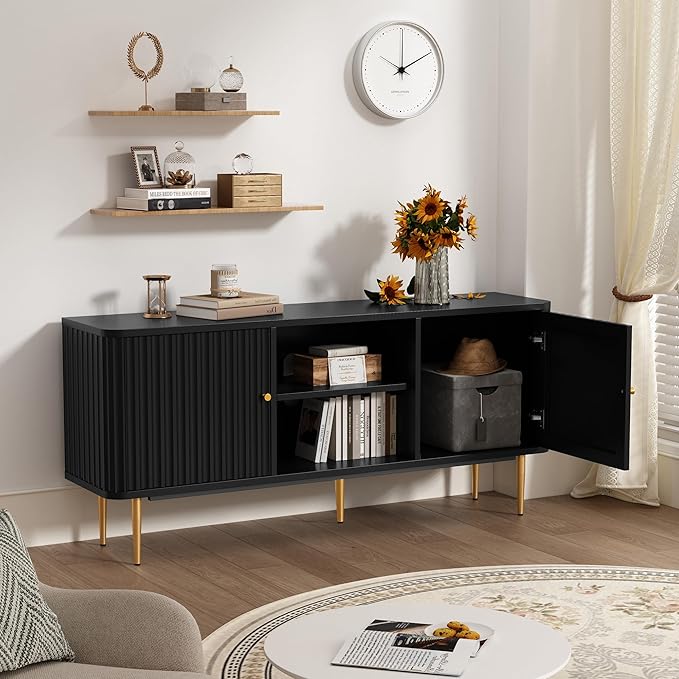 ARTPOWER 55” Fluted TV Stand, Mid Century Modern Black TV Stand