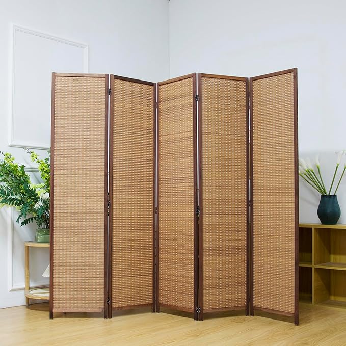 5 Panel Bamboo Room Divider Screen, 5.6 FT Tall Bamboo Divider Folding Privacy