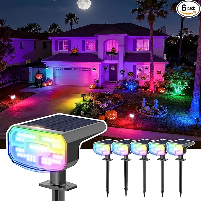 Color Changing Solar Spot Lights Outdoor Waterproof IP65,9 Lighting Modes Multicolor RGB Halloween Spotlight for Porches Yard Gardens Landscape Deconrations-6 Pack