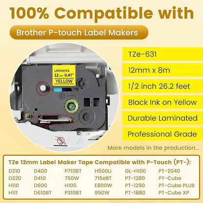 Freshworld 6-Pack TZe-631 Replace for Brother Label Maker Tape 12mm Yellow Laminated Compatible with Brother P-Touch Label Tape 1/2 inch Yellow Refill TZe631 for PTD210 D220 H110 H111 D410 610BT Cube