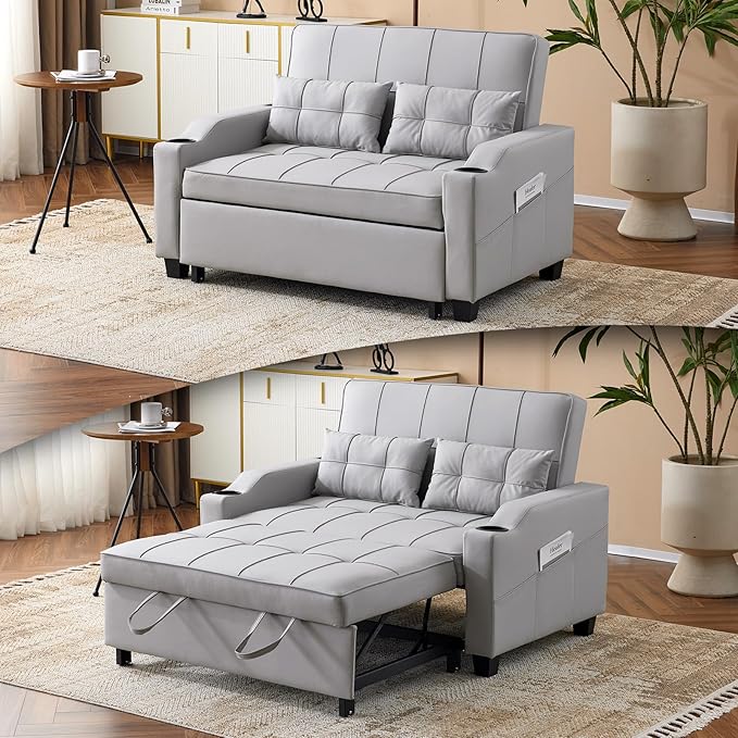 VINGLI Convertible Loveseat Sleeper Sofa, Light Grey Faux Leather Futon Sofa