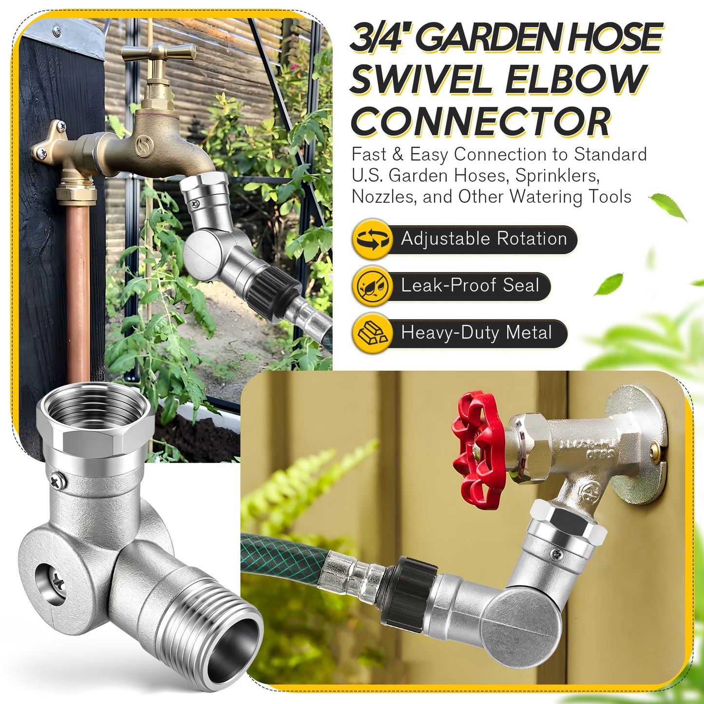 Enhon 180° & 360° Garden Hose Swivel Connector, Garden Hose Connect and Spigot Extender for Outdoor Faucet, Fits Standard 3/4" Water Pipes(Metal,Silver,2 Pack)