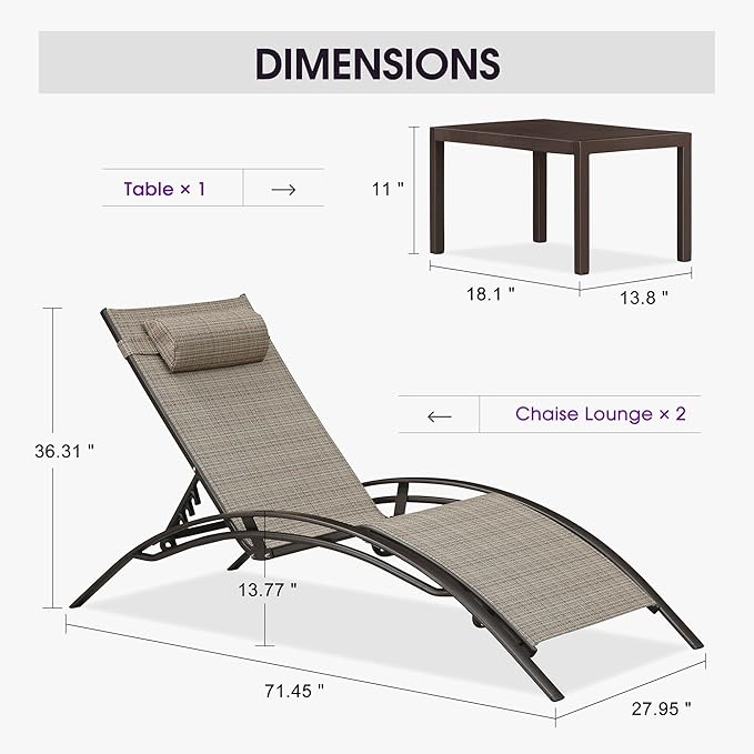 PURPLE LEAF Outdoor Oversized Chaise Lounge Chair Set of 3 Patio Pool Lounger
