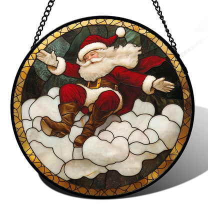 Stained Glass Window Hanging - Red White Santa Claus Clouds Suncatcher for Doors Home Christmas Decoration Sun Catcher Thanksgiving New Year Birthday Gifts for Friend Women Men Mom Nana 9.8 in