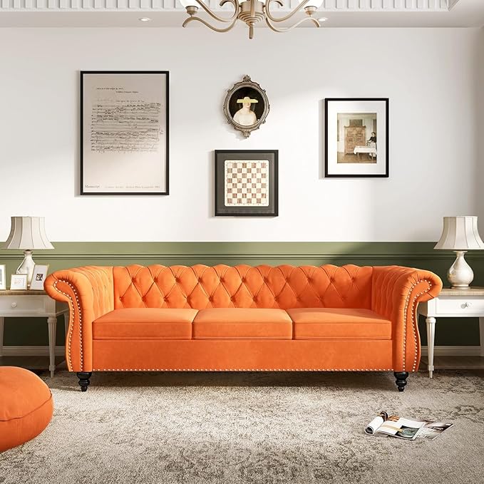 Mid-Century 3 Seater Sofa, Velvet Couch
