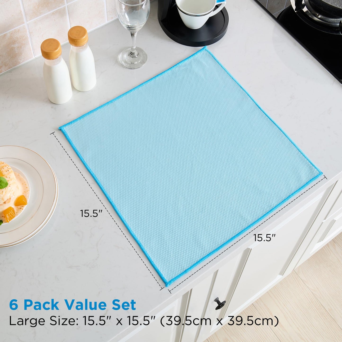 Tekswip Microfiber Glass Cleaning Cloth 6 Pack, 15.5x15.5 Inch Magic Cleaning Rags, Lint Free Streak Free Reusable Towels for Windows, Mirrors, Cars, Screens, Kitchen and Stainless Steel Surface